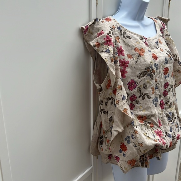 Alessia Pacini  100% Linen sleeveless shoulder ruffle shirt size XL floral - Picture 2 of 8